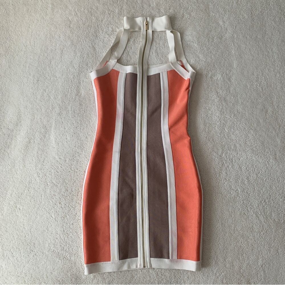 HOUSE OF CB Shah Bodycon Sexy Cut Out Orange Brown White Stripe Strap Mini Dress - Picture 2 of 12